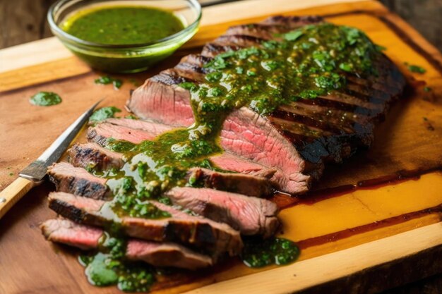 Juicy flank steak grilled to perfection and served with chimichurri sauce