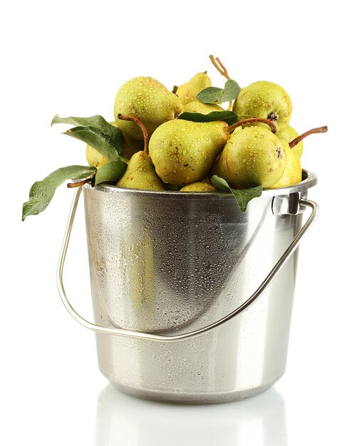 Juicy flavorful pears in pail isolated on white