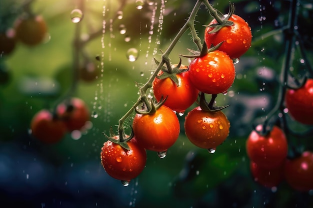 Juicy fresh organic ripe tomatoes branch growing in greenhouse