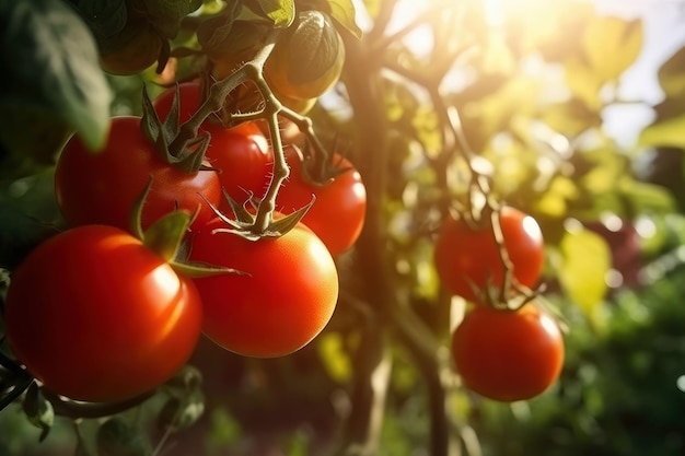 Ramo di pomodori maturi organici freschi succosi che crescono in serra