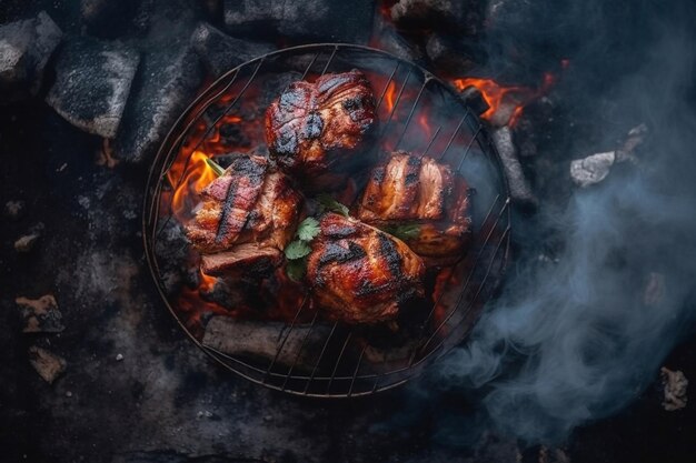 Juicy fried skewers on the grill with smoke and fire Beautiful artistic picture for the menu Generative AI