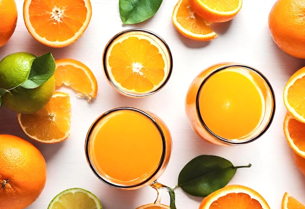 Juicy fruits lime orange grapefruit glasses with freshly squeezed juice