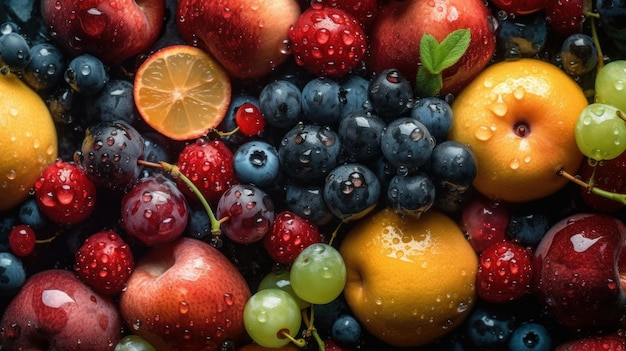 Juicy fruits top view background Al generated