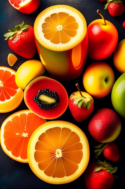 Juicy fruits top view background