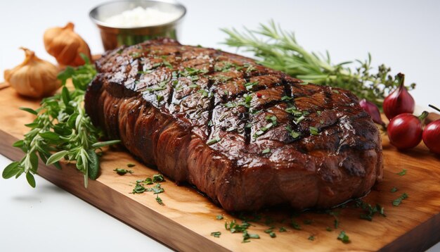 Foto juicy gegrilde steak gekookt rare klaar om te eten met hartige saus gegenereerd door kunstmatige intelligentie