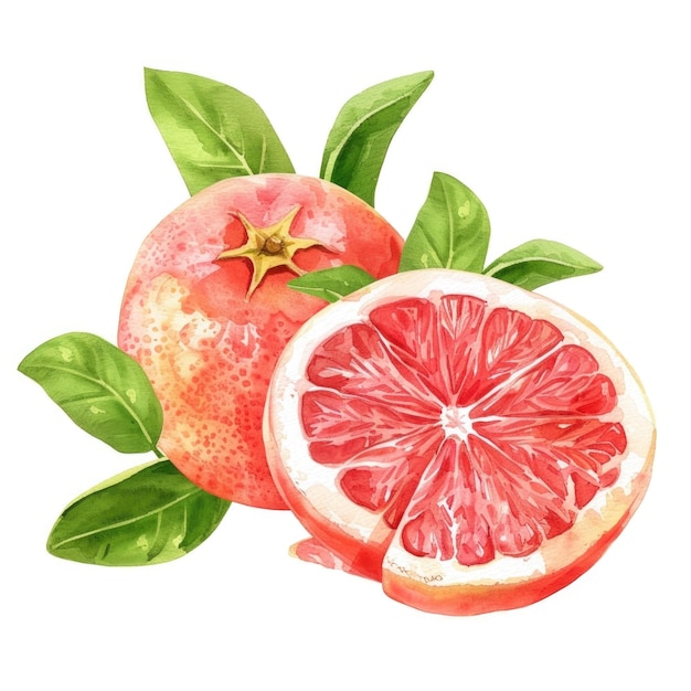 A juicy grapefruit half in watercolor with a perfect balance of pink and red hues