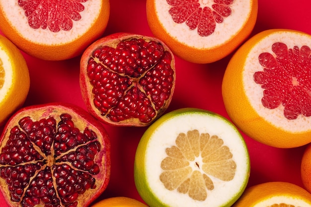Juicy grapefruit orange pomegranate citrus sweetie on red background