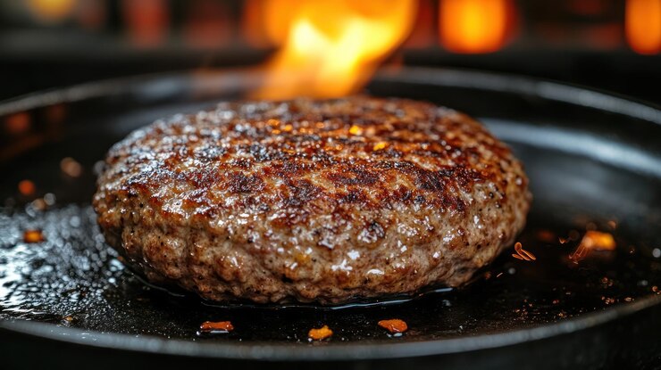 Photo 柔らかいグリルバーガーパティが鉄製のパンで沸騰しています