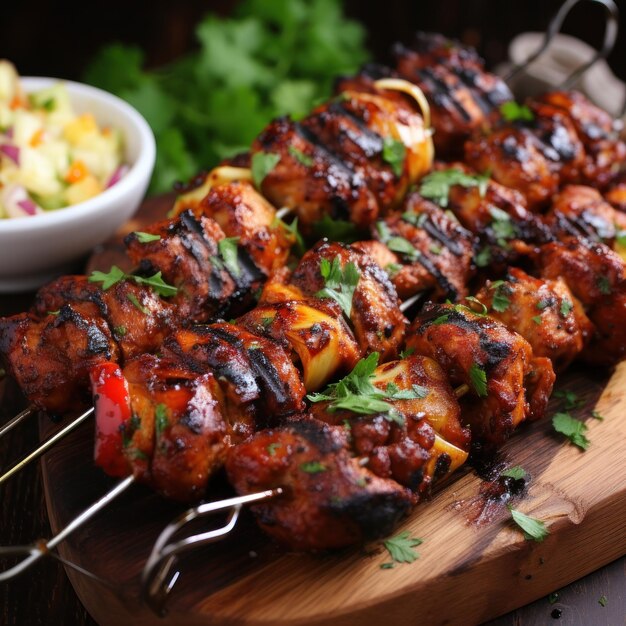 Juicy and grilled chicken kebab skewers