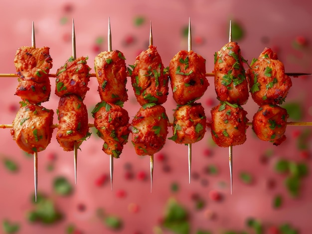 Juicy Grilled Chicken Skewers met specerijen en kruiden op roze achtergrond Perfect voor zomer barbecue party