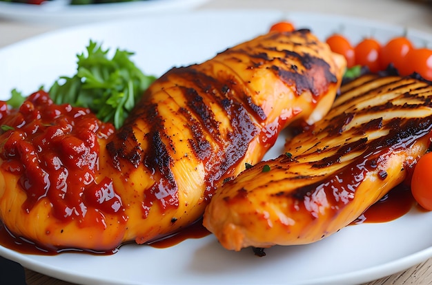 Foto succose cosce di pollo alla griglia sfondo giallo vibrante con salmerino affumicato un piatto allettante