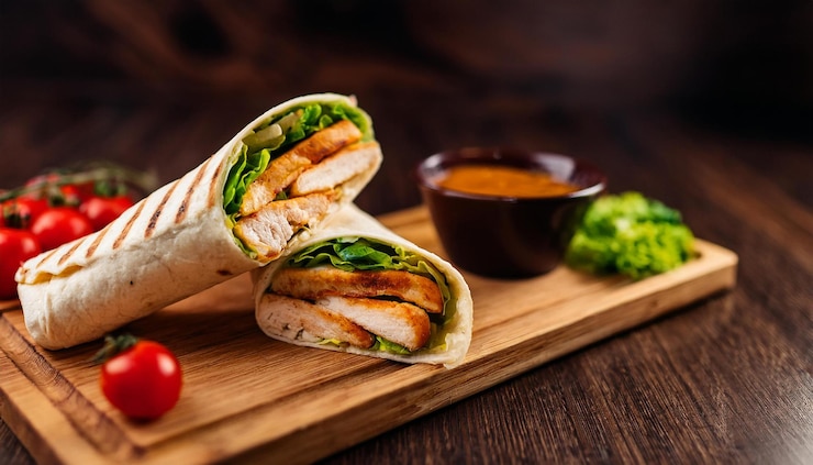 Photo juicy grilled chicken wrap with fresh veggies and tangy sauce tasty fast food delicious meal