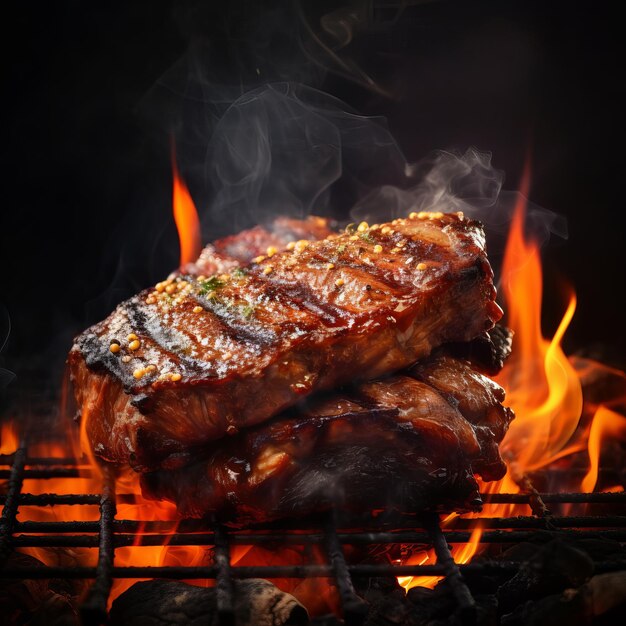 Juicy grilled meat with fire