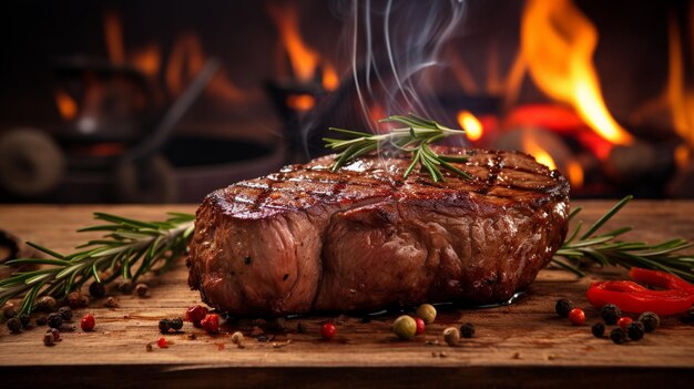 Juicy grilled meat with fire