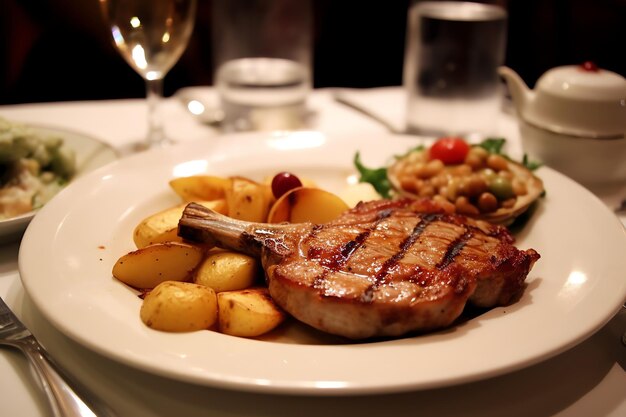 A juicy grilled pork chops seasoned with herbs and potatos in dinner