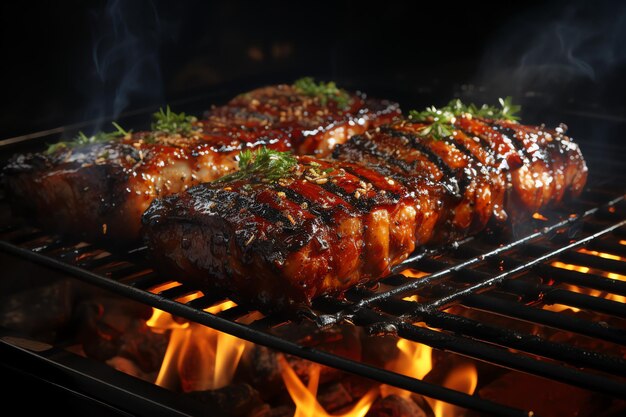 Photo a juicy grilled pork chops seasoned with herbs and potatos in dinner