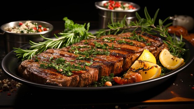 Juicy grilled porterhouse steak with marbled meat in a plate on dark background