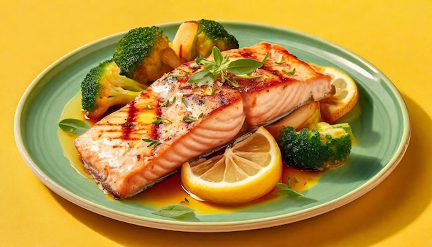 juicy grilled salmon with vegetables on yellow background