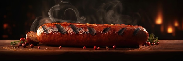 Juicy grilled sausage on a dark background smoky flavor and mouthwatering aroma Perfect for any BBQ poster Ai generated