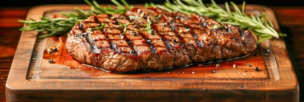 Juicy Grilled Steak op houten plank met verse rozemarijn