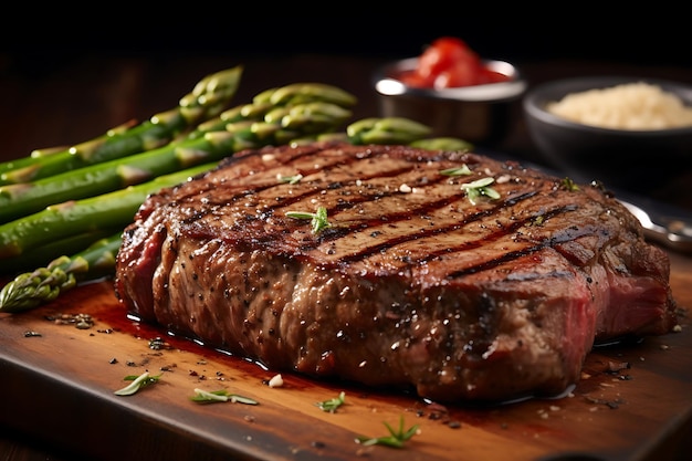 Foto steak grigliato succoso con asparagi e burro di pomodoro generato