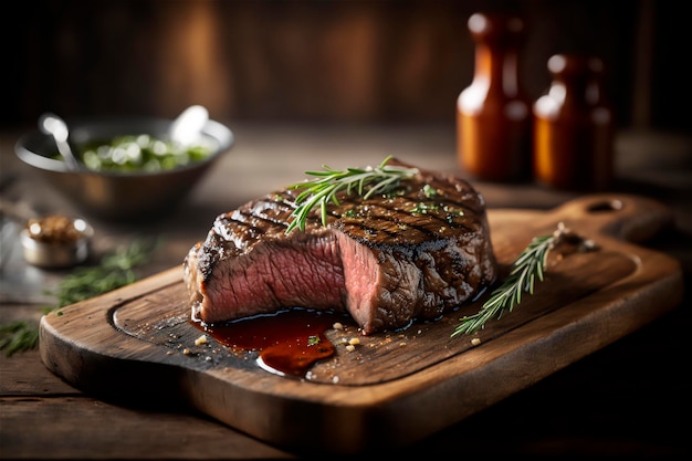 Juicy grilled steak with herbs and spices on rustic cutting board Barbecue AI generated