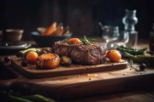 Filetto di grigliata succosa mignon con burro su tavola in legno rustico con verdure ai generative