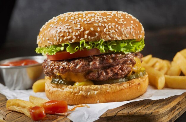 Premium AI Image | Juicy Ground PORK and Bacon Cheeseburger with Fries
