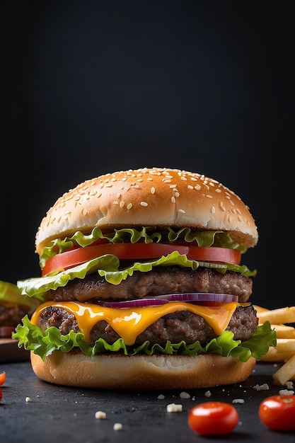 Juicy hamburger on a black background