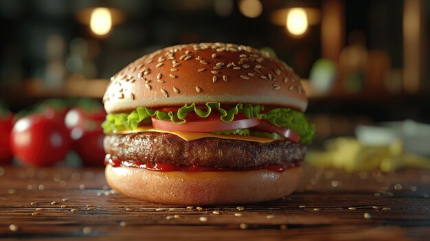 Juicy hamburger on rustic wooden table