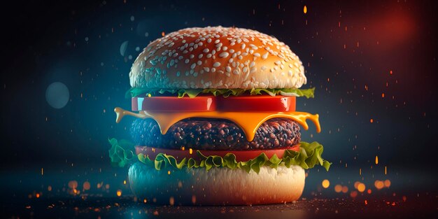 Сочный гамбургер с фоном Боке Вкусная иллюстрация фаст-фуда