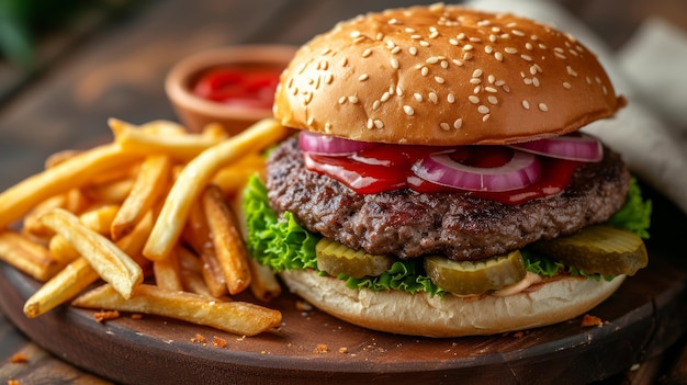 A juicy hamburger with crispy fries an american classic served with ketchup and pickles