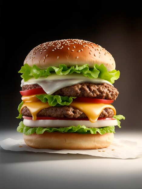 Juicy Hamburger with a Dark Background on a White Surface