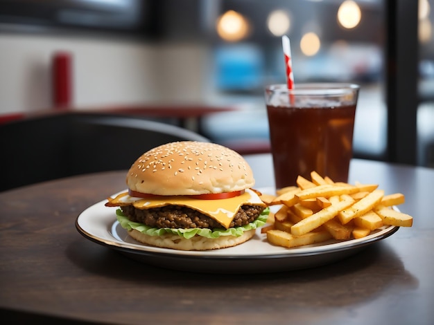 Foto un hamburger succoso con patatine fritte e coca-cola su un piatto.