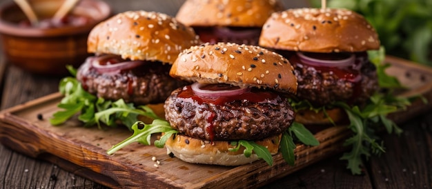 Juicy Hamburgers on Wooden Tray