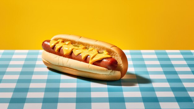 Juicy hot dog mustard relish toast yellow background tasty snack classic fast food generative ai