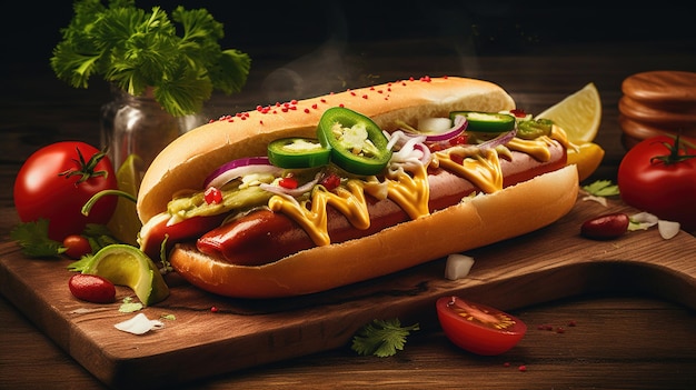 Hotdog succoso con condimenti di spezie ketchup mayo e insalata fresca colorato e appetitoso su sfondo scuro generato dall'ia