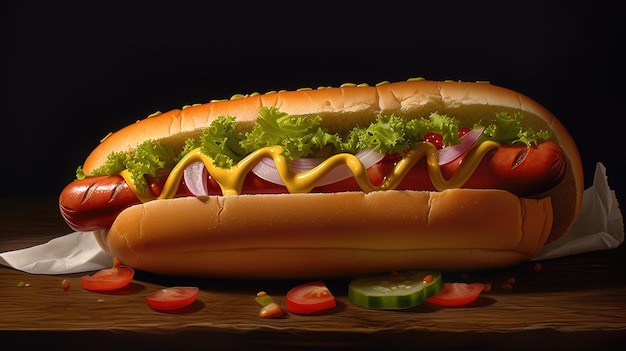 Juicy Hotdog with Spices Toppings Ketchup Mayo and Fresh Salad Colorful and Appetizing Against Dark Background Ai generated