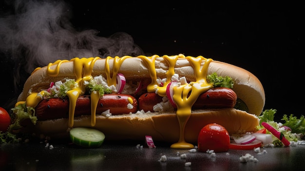 Hotdog succoso con condimenti di spezie ketchup mayo e insalata fresca colorato e appetitoso su sfondo scuro generato dall'ia