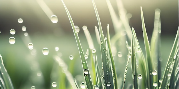 Juicy lush green grass on meadow with drops of water dew sparkle in morning light AI Generated