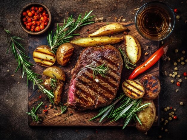 Juicy medium rare beef steak with spices and grilled vegetables