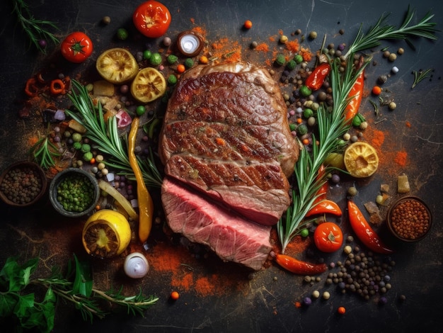 Juicy medium rare beef steak with spices and grilled vegetables