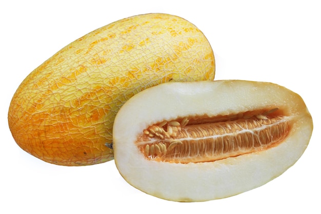 Juicy melon fruit with cut in half on an isolated white background