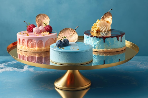 Фото Сочные муссовые торты на подставке из голубого мрамора, созданные с помощью генеративного ии