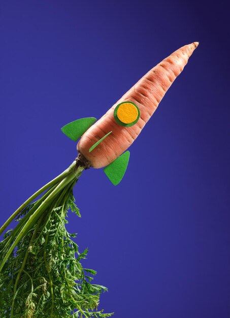 濃厚な青々とした緑の葉が付いたジューシーなオレンジ色のニンジンは、ロケットが宇宙に飛ぶのを模倣します。健康的な野菜を使ったクリエイティブなアイデア