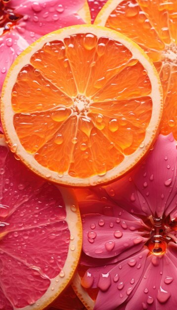 Juicy orange circles with pink flowers a place for text