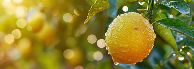 Сочный апельсин с каплями воды, висящими на дереве