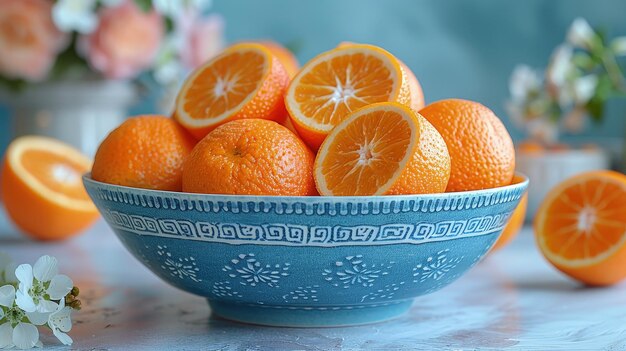 Photo juicy oranges in a blue ceramic bowl vibrant against blue photorealistic hd