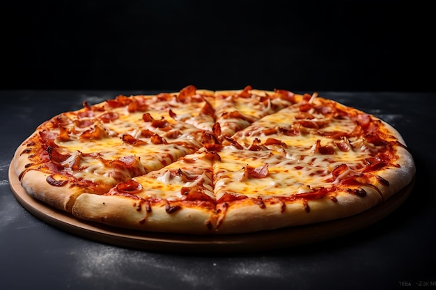 Juicy pepperoni pizza on a board on a dark background generated by AI