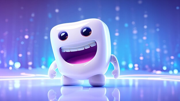 Photo juicy picture of cute funny smiling tooth character isolated on cool gradient background